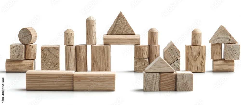 Poster Wooden toys and blocks arranged neatly with an isolated white background perfect for adding text or graphics with copy space image