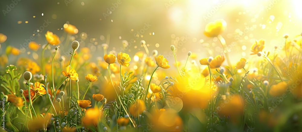 Poster In the summer vibrant buttercups bloom in a meadow creating a picturesque scene with a copy space image