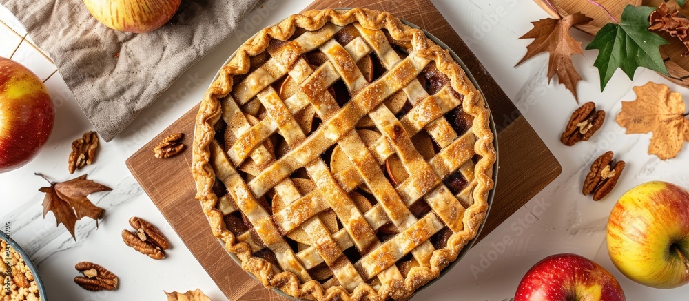 Aufkleber close up top view of a homemade golden crust apple cinnamon pie on a wooden cutting board with apple