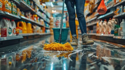 Employees mopping the retail store floor, focusing on cleanliness and customer satisfaction.