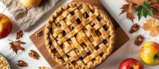 Close up top view of a homemade golden crust apple cinnamon pie on a wooden cutting board with apples and walnuts on a white table offering copy space for an image