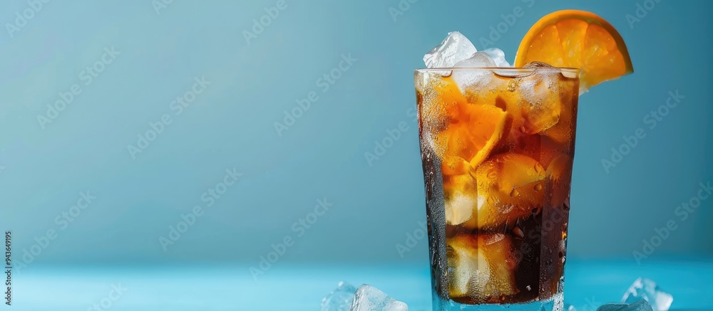 Poster trendy summer drink featuring espresso orange juice and syrup layered in a glass with ice on a blue 
