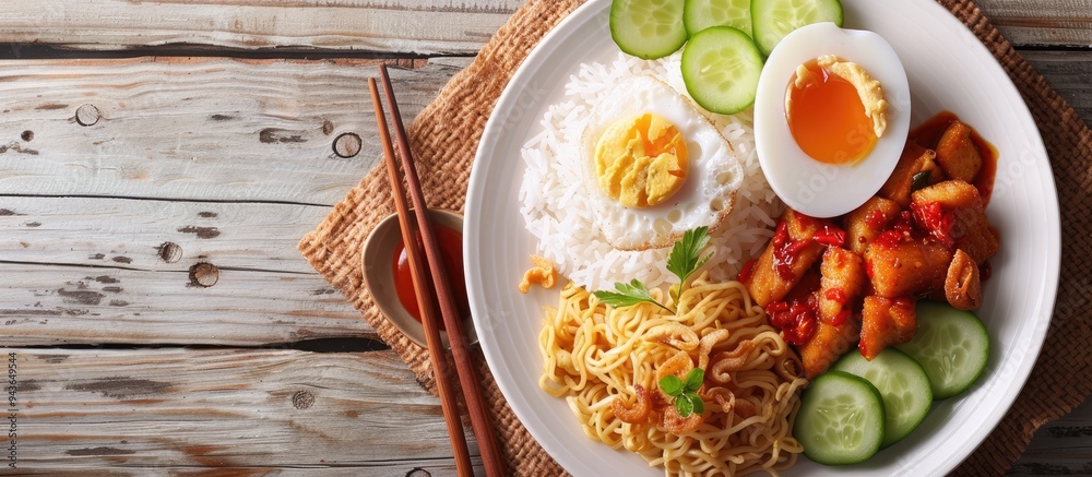 Aufkleber indonesian nasi campur a well liked dish features rice with orek tempe fried tempeh noodles boiled e