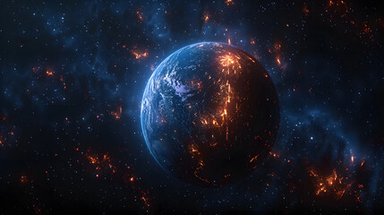 Obraz premium Successfully sent into space with blue planet earth with night city lights.