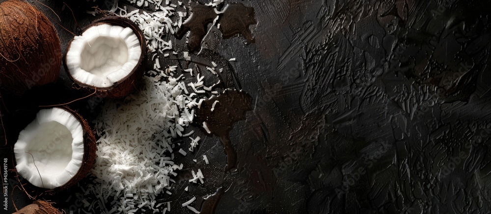 Aufkleber creative image of a halved coconut and coconut flakes on a dark backdrop. with copy space image. pla