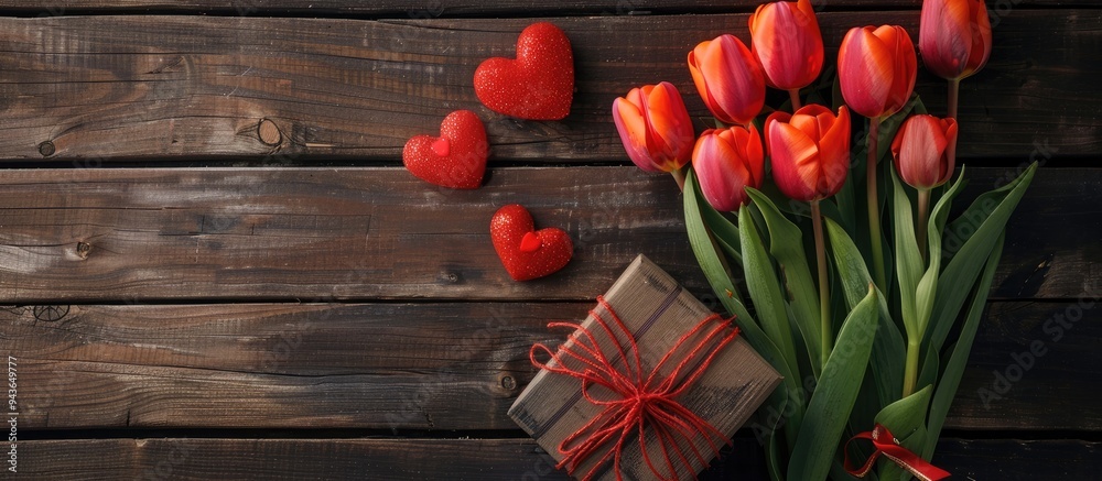 Poster Red tulip flower bouquet in a heart shaped gift box on a wooden background Valentine s Day greeting card Includes space for your message. with copy space image. Place for adding text or design