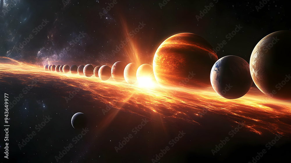 Wall mural A fiery, celestial line of planets, with a bright, glowing light emanating from the center.