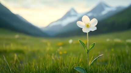 A delicate white flower stands tall in a lush green meadow, with majestic mountains in the background under a soft sunset light.