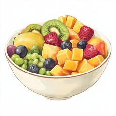 Tropical Fruit Salad with Mango in Retro Style - Muted Colors on White Background