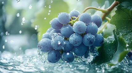 Ripe Blue Grapes Cluster with Water Droplets on Vine Leaves