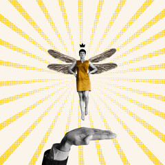 A self-confident businesswoman takes off on the wings of freedom. Art collage.