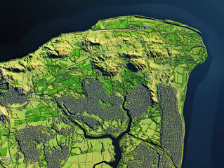 Fototapeta premium Technical aerial visual, 3D LiDAR GIS aerial map satellite scan model isolated, showing Limerick, Ireland. Elevation, topography, render