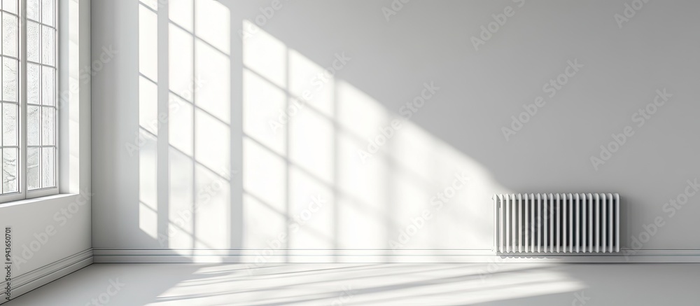 Poster Plastic window and radiator on a white wall in an empty bright room at home. with copy space image. Place for adding text or design