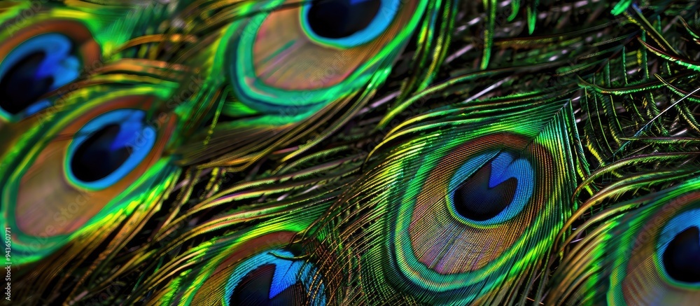 Poster vibrant peacock feathers. with copy space image. Place for adding text or design