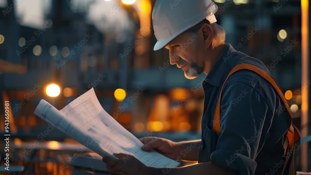 Poster engineer reviewing blueprints at a construction site during the evening. nighttime project planning 
