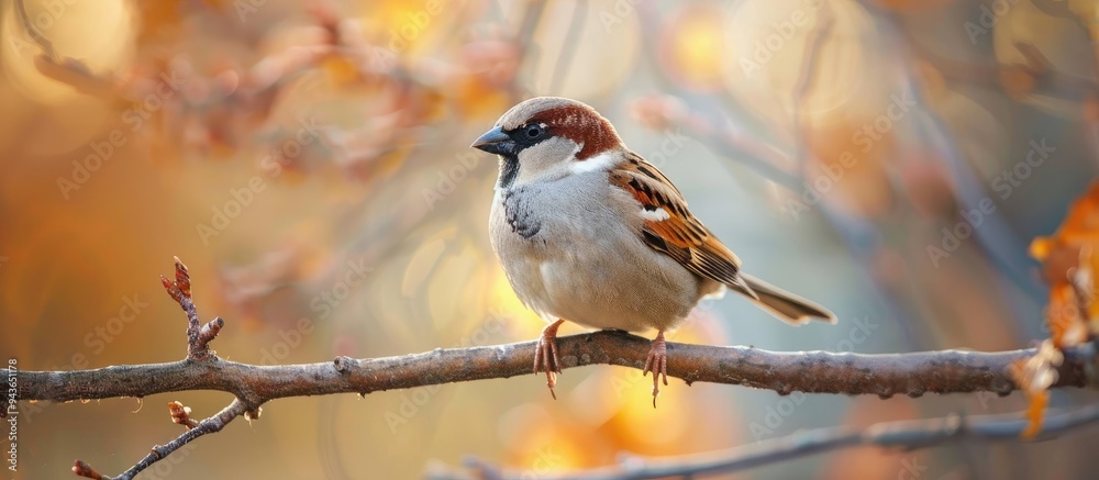 Poster The intimidating sparrow gazes into the camera lens A sparrow is perched on a tree branch. with copy space image. Place for adding text or design