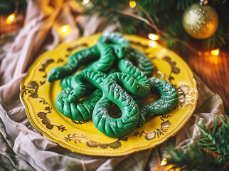 Baked delicious festive cookies in the shape of a green snake on a yellow plate