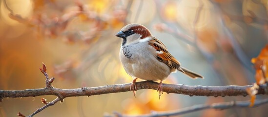 Fototapeta premium The intimidating sparrow gazes into the camera lens A sparrow is perched on a tree branch. with copy space image. Place for adding text or design