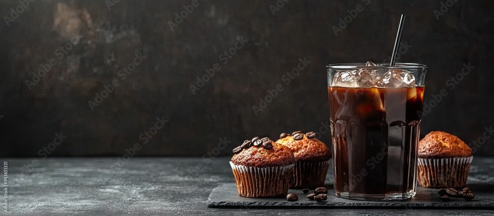 Aufkleber Iced coffee in a glass container alongside sweet muffins. with copy space image. Place for adding text or design