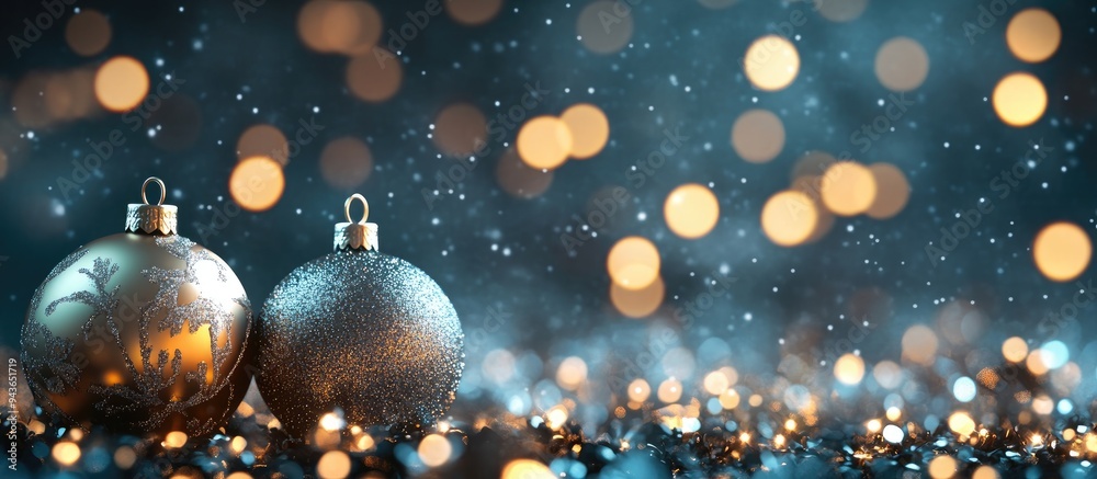 Poster Christmas ornaments against a bokeh lights backdrop. with copy space image. Place for adding text or design