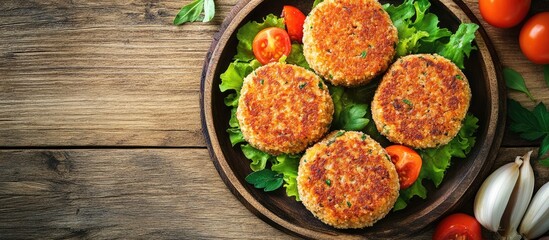 Vegetarian patties on a plate alongside tomatoes Healthy vegetarian or vegan cuisine Set on a wooden table. with copy space image. Place for adding text or design