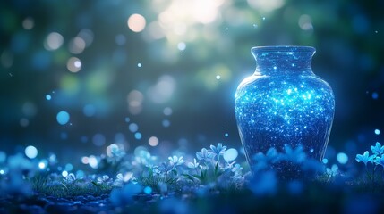 In a secluded garden, an enchanted vase stands surrounded by luminous flowers, their whispers revealing the future to those who pause to hear