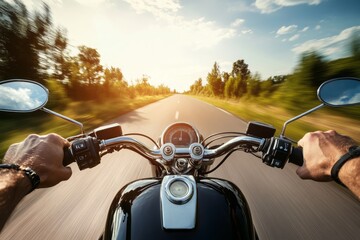 First person view of a motorbike rider speeding on an empty road.