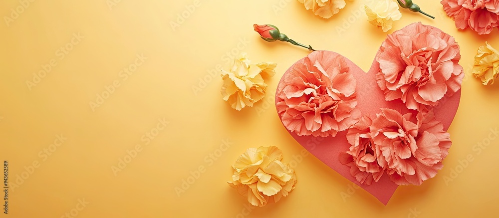 Poster Paper heart with carnation flowers set against a yellow background National Sweetest Day. with copy space image. Place for adding text or design