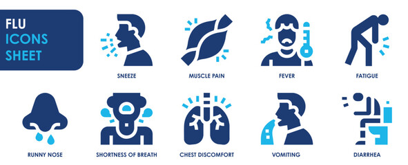 A set of solid icons related to Flu. Influenza, symptoms, fever, fatigue, muscle pain, cough and sneeze, and so on. Vector flat icons set.