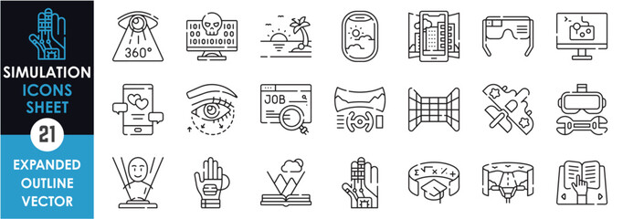 A set of line icons related to Simulation. Simulate, activity, travel, health, book, road, hologram, games, dating, adventure, and so on. Vector outline icons set.