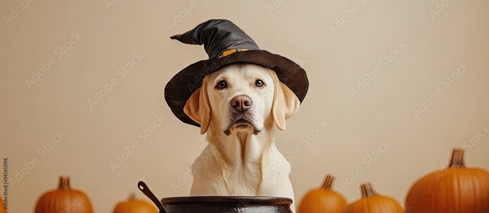 Poster adorable labrador dog wearing a witch hat surrounded by a cauldron and pumpkins on a beige backgroun