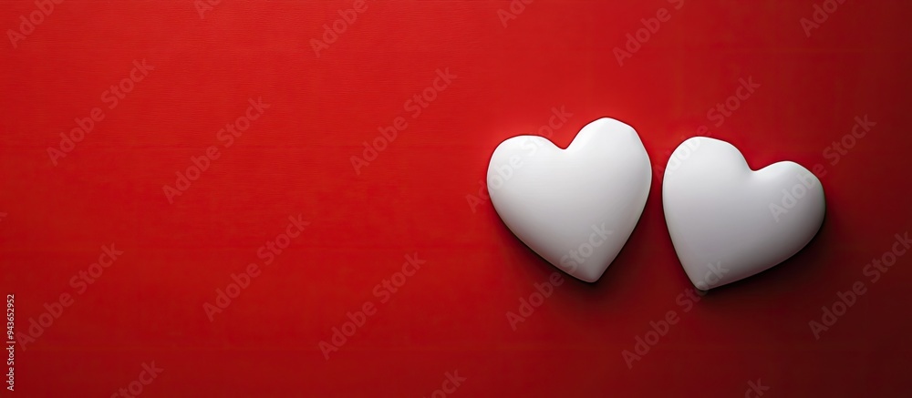 Poster two white hearts against a red background. with copy space image. Place for adding text or design