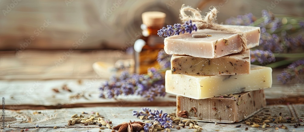 Poster cosmetic creams and natural soaps on a wooden surface. with copy space image. Place for adding text or design
