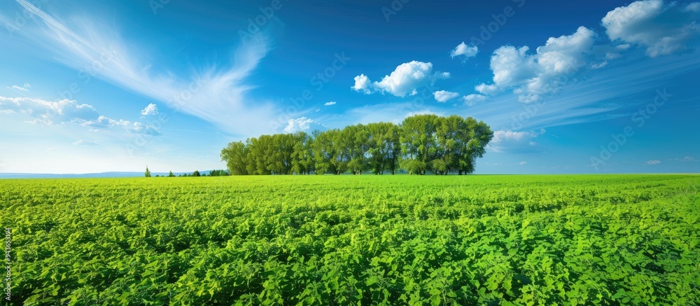 Aufkleber Trees positioned in a buckwheat field under a blue sky. with copy space image. Place for adding text or design