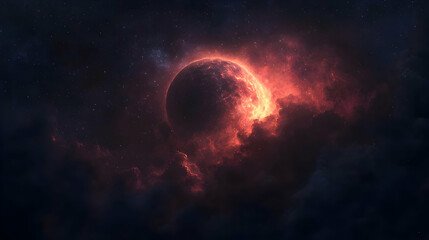 A fiery, red planet peeks through clouds of gas and dust in a starry, dark expanse of space.