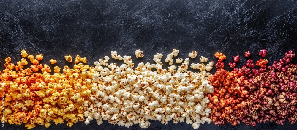 Poster Assorted popcorn arranged as a background Sweet and salty popcorn on a black backdrop Still life top view flat lay Theme of cinema and entertainment. with copy space image