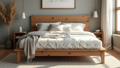 Wooden bed with soft white mattress, blanket and pillows in cozy room interior, Living room, bedroom, luxury bed room, wooden bed room  
