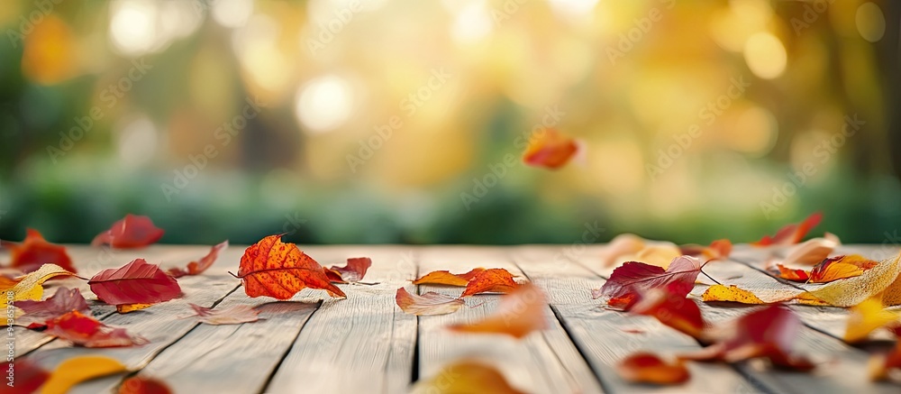 Aufkleber autumn leaves on the wooden table blurred effect. with copy space image. Place for adding text or design