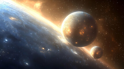 Obraz premium A fiery, rocky planet passing by a distant, swirling galaxy with a smaller planet in the background.