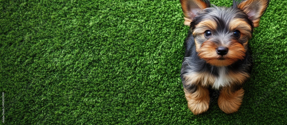 Poster a yorkshire terrier puppy sits on green grass playful and funny puppy domestic pets. with copy space