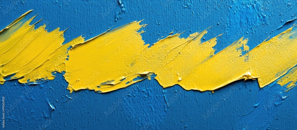 Poster yellow paint texture on a blue canvas minimalist background with copyspace creative idea