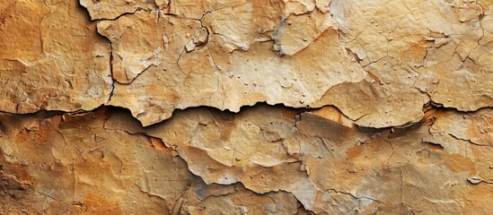 Fototapeta premium Brown Natural Sand Stone Texture and Background Layered stone texture in beige shades featuring numerous cracks complete frame Close up Selective focus. with copy space image