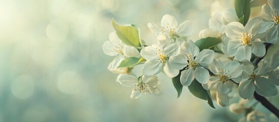 White blossoms on an apple tree Selective focus copy space