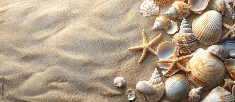 Aufkleber Beach setting featuring shells and starfish Vacation theme Top view. with copy space image. Place for adding text or design