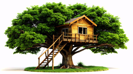 Father on tree building tree house for kids