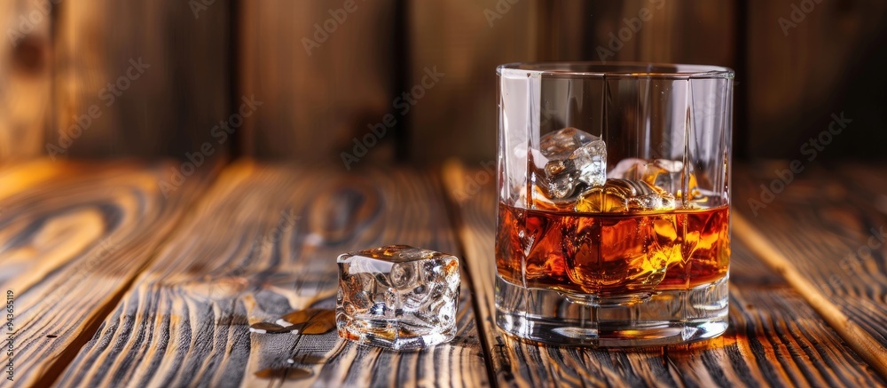 Poster cold stones for whiskey and a glass of whiskey in close up on a worn table copy space