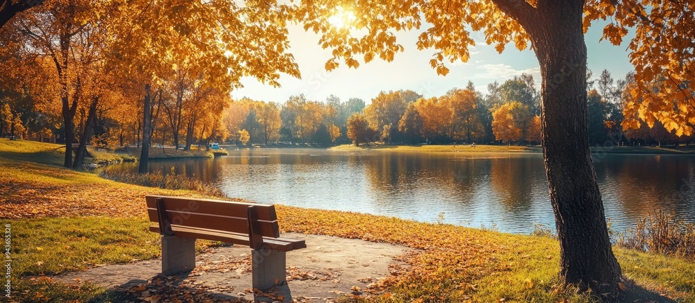 Aufkleber Autumn park and lake vibrant scenic view outdoor setting. with copy space image. Place for adding text or design