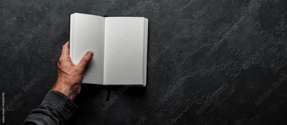 Aufkleber Man holding a blank notebook at a black textured table close up Design mockup. with copy space image. Place for adding text or design