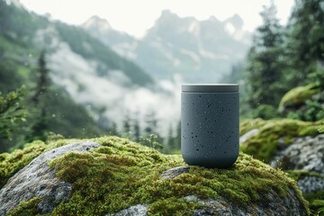 A detailed 3D mockup of a sleek beverage container, set on a moss-covered stone in a misty mountain landscape. The container's realistic textures and high-quality design are enhanced by the