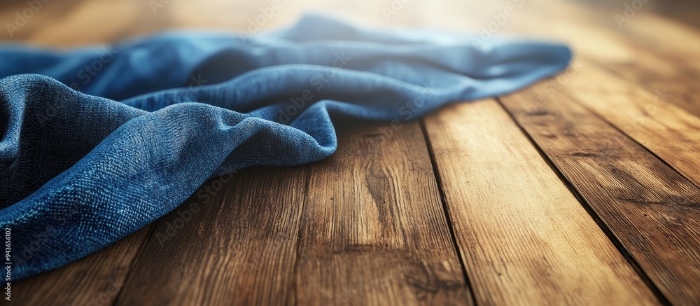 Aufkleber blue tablecloth laid over a wooden table. with copy space image. place for adding text or design